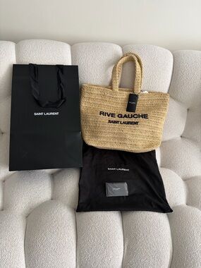 Saint Laurent Rive Gauche Rafia Tote Bag in Naturale with Deep Marine Logo